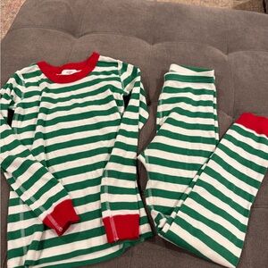 Hanna Andersson Green and White Striped Pajama Set with Red Accents